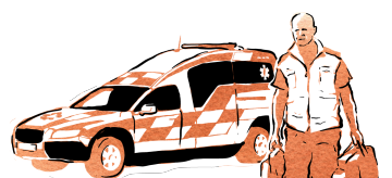Illustration på personal och en ambulans.